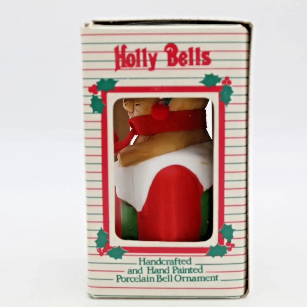 Holly Bells Porcelain Kitty Cat Bell Ornament Vintage 1986 Original Box b